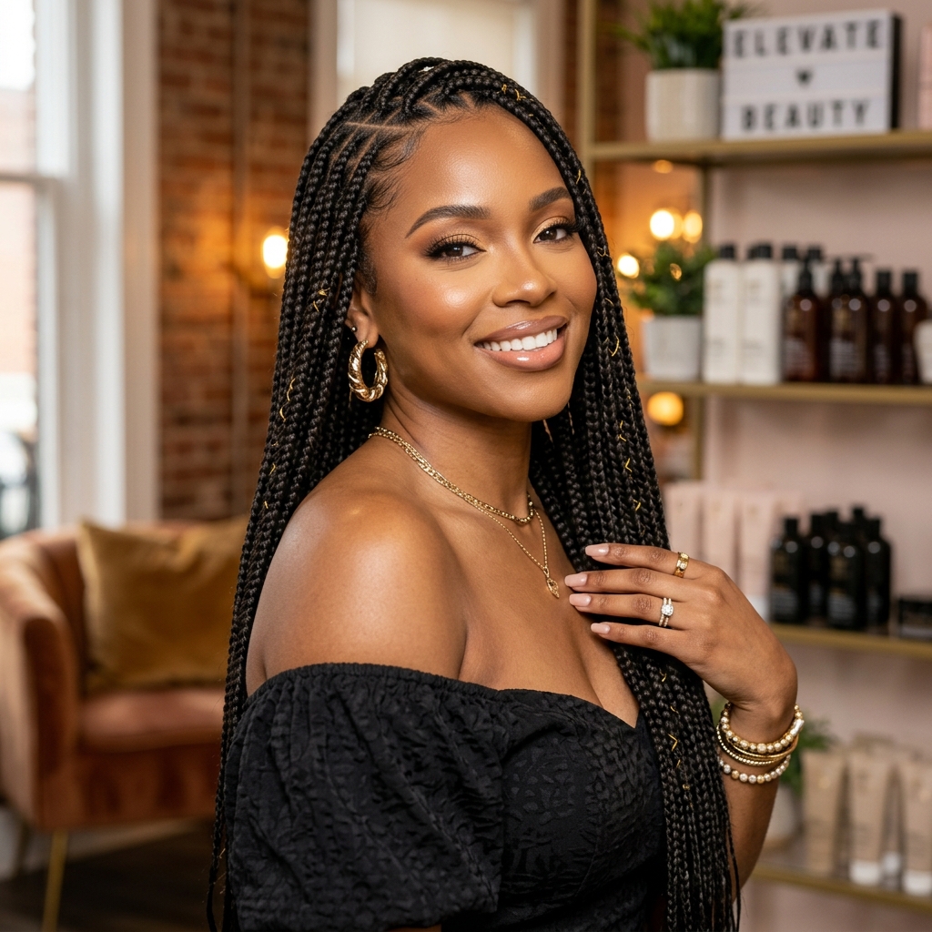 African American woman with beautiful box braids showcasing a sanctuary for your crown