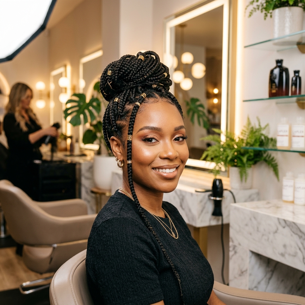 Creative Box Braids Updo - Box Braids styling at Prees Prees Beauty Lounge
