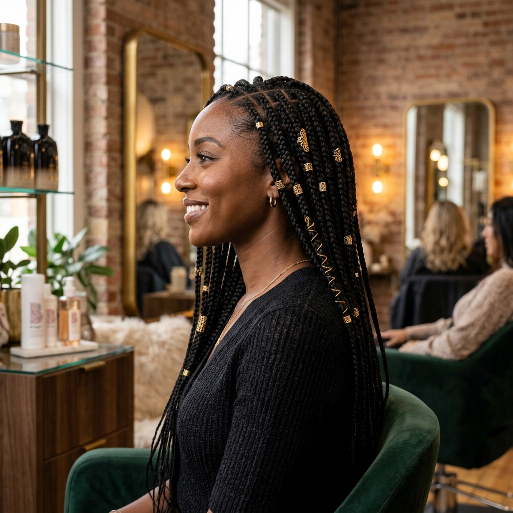 Box Braids with Accessories - Box Braids styling at Prees Prees Beauty Lounge