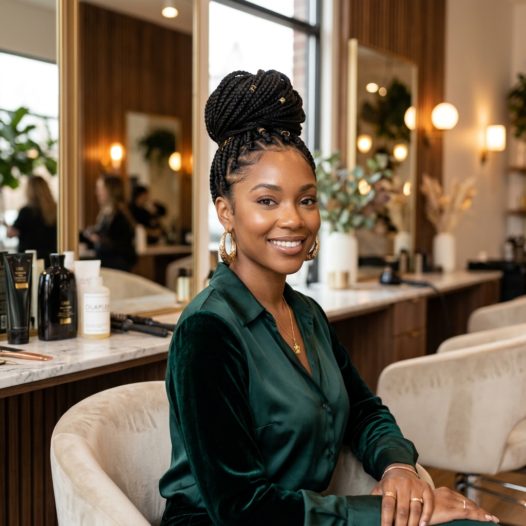 High Bun Knotless Braids - Knotless styling at Prees Prees Beauty Lounge